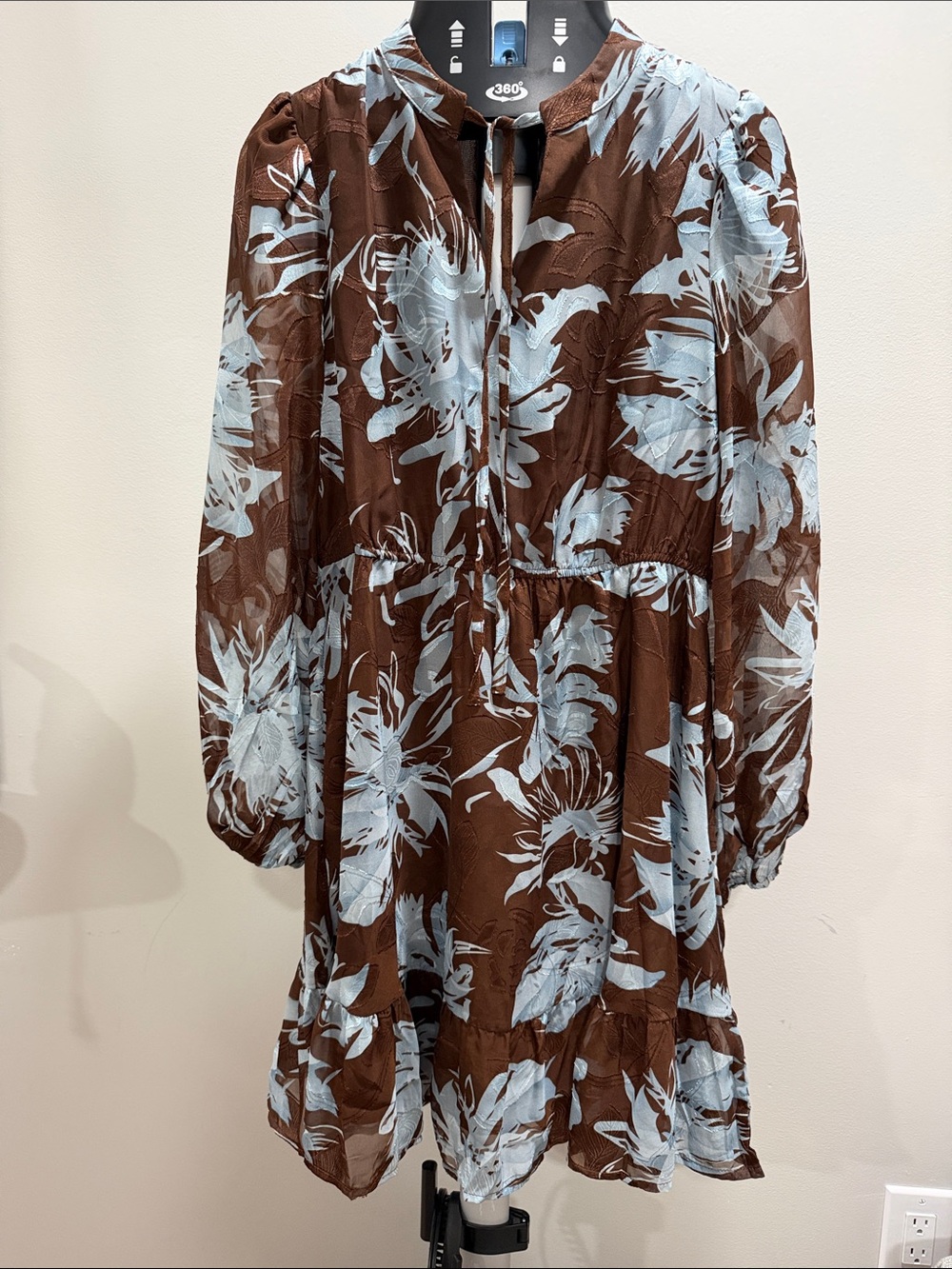 New Pretty Garden Brown Floral Tie-Neck Long Sleeve Dress with Light Blue Print
